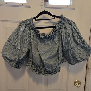 VENUS Blue and White Striped Off-Shoulder Puff Sleeve Crop Top
